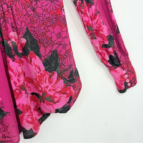 Free People Mikayla Red Pink Floral Hook Closure Blouse  in Scarlett Combo - Picture 15 of 16